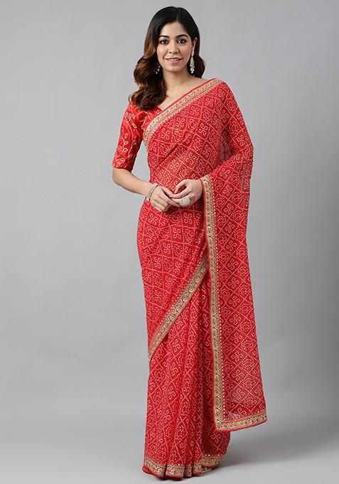 Red Embroidered Pure Georgette Saree Set