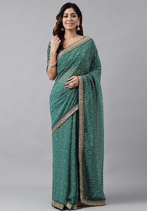 Green Embroidered Pure Georgette Saree Set