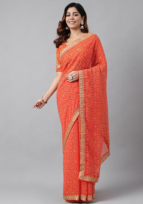 Orange Embroidered Pure Georgette Saree Set