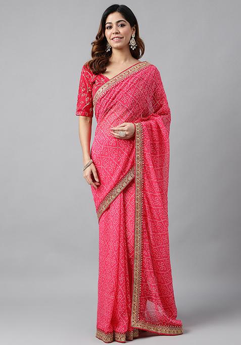 Pink Embroidered Pure Georgette Saree Set