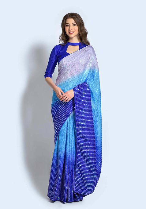 Blue Sequin Embroidered Silk Blend Saree Set