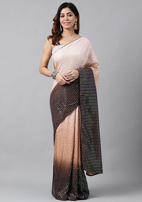 Brown Sequin Embroidered Silk Blend Saree Set