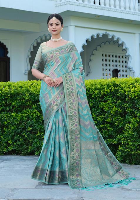 Blue Leheriya Print Organza Silk Saree Set