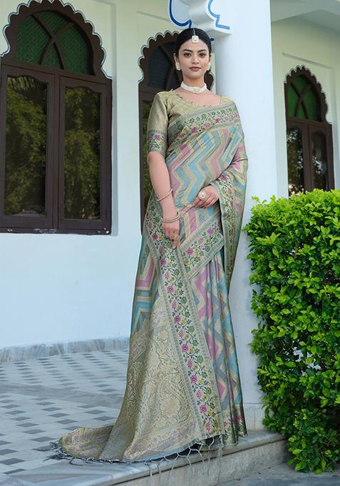 Grey Leheriya Print Organza Silk Saree Set