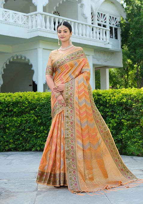 Orange Leheriya Print Organza Silk Saree Set