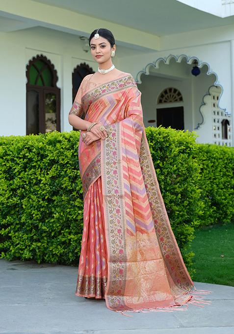 Pink Leheriya Print Organza Silk Saree Set