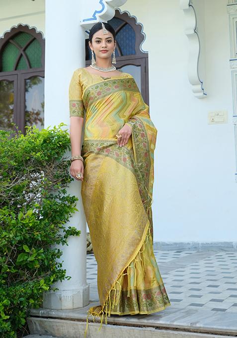 Yellow Leheriya Print Organza Silk Saree Set