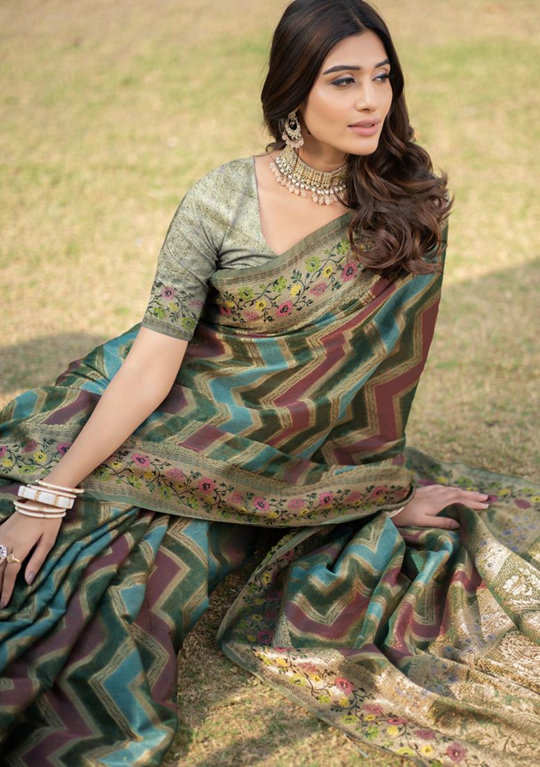 Dark Green Leheriya Print Organza Silk Saree Set