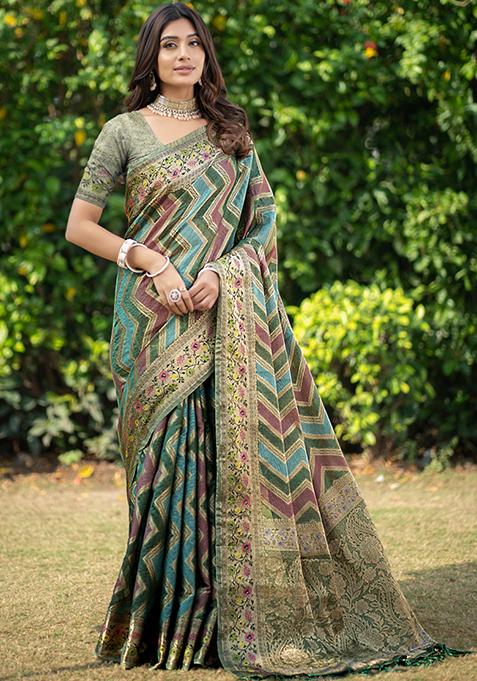 Dark Green Leheriya Print Organza Silk Saree Set