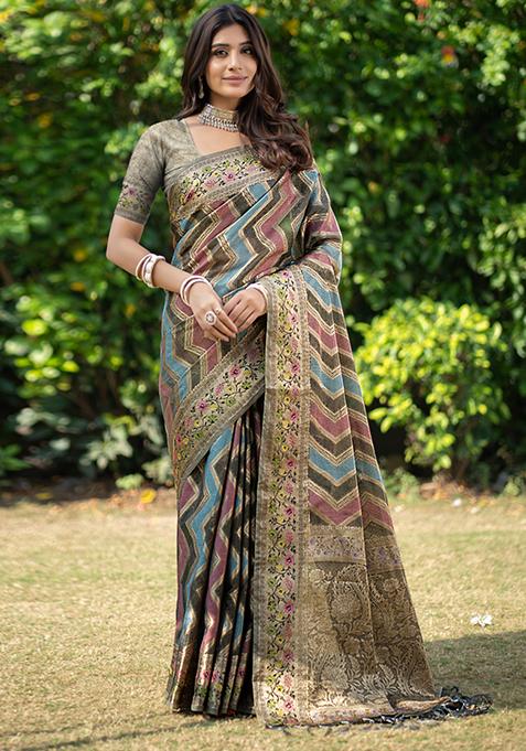 Dark Grey Leheriya Print Organza Silk Saree Set