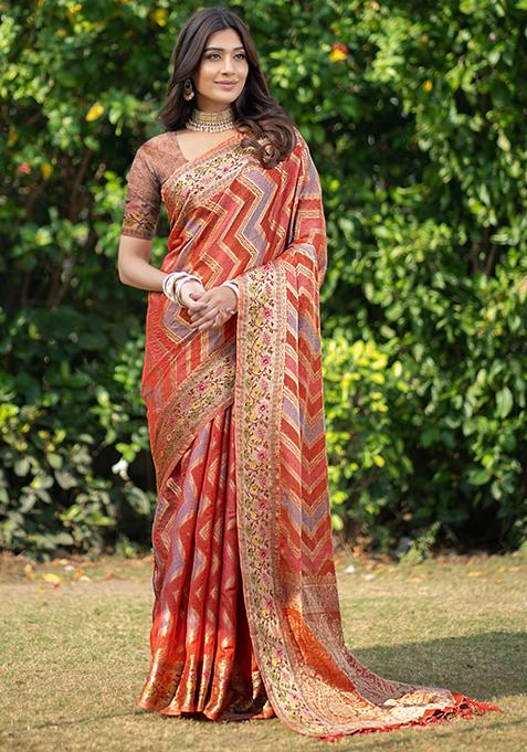 Orange Leheriya Print Organza Silk Saree Set