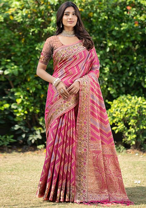 Pink Leheriya Print Organza Silk Saree Set