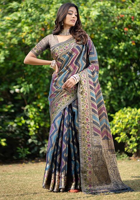 Teal Leheriya Print Organza Silk Saree Set