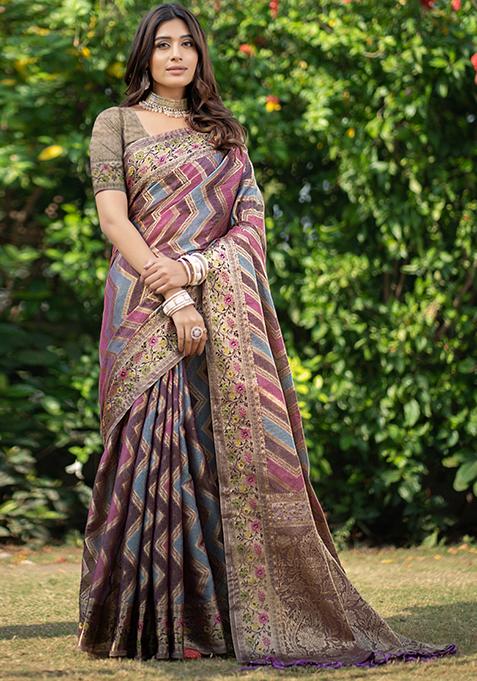 Wine Leheriya Print Organza Silk Saree Set