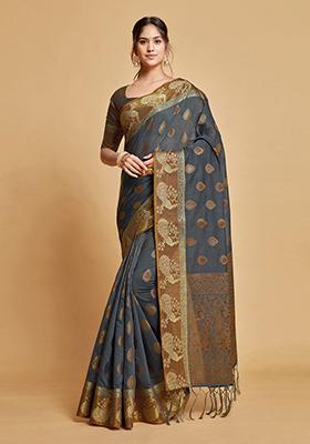 Grey Zari Woven Design Chanderi Cotton Saree Set