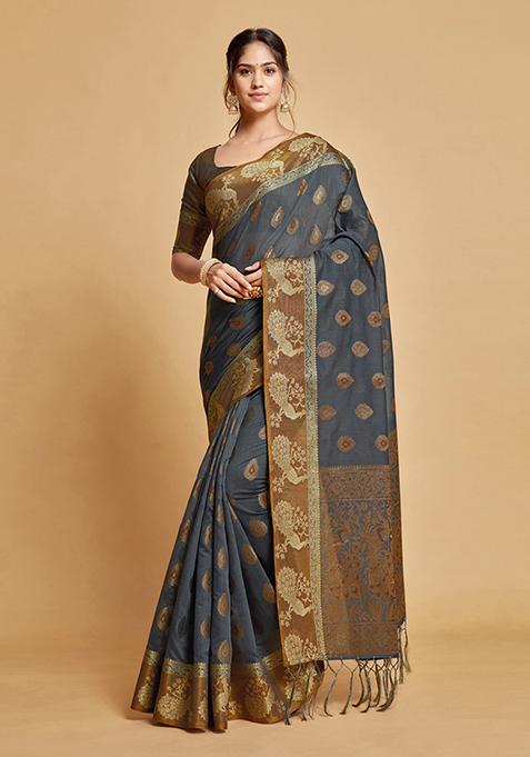 Grey Zari Woven Design Chanderi Cotton Saree Set