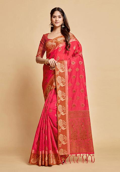 Pink Zari Woven Design Chanderi Cotton Saree Set