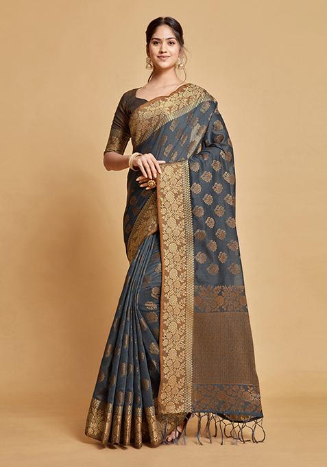 Grey Zari Woven Design Chanderi Cotton Saree Set