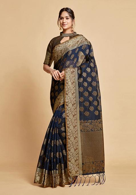 Navy Blue Zari Woven Design Chanderi Cotton Saree Set