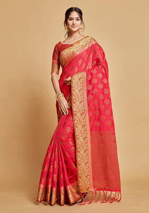 Pink Zari Woven Design Chanderi Cotton Saree Set