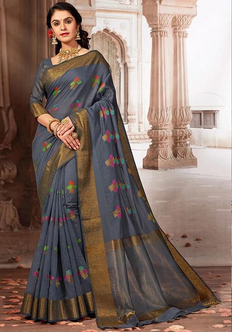 Grey Zari Woven Design Chanderi Cotton Saree Set