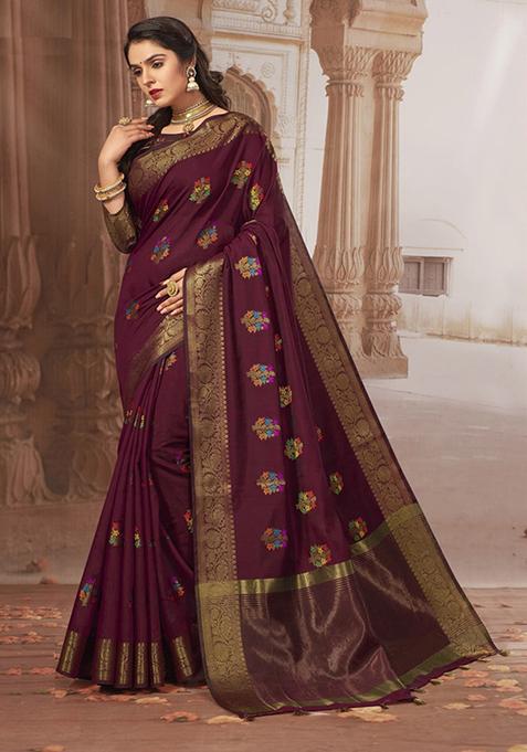 Maroon Zari Woven Design Chanderi Cotton Saree Set