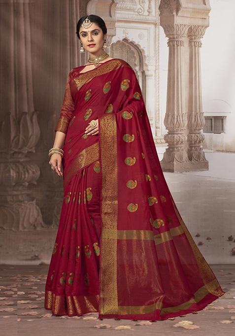 Red Zari Woven Design Chanderi Cotton Saree Set