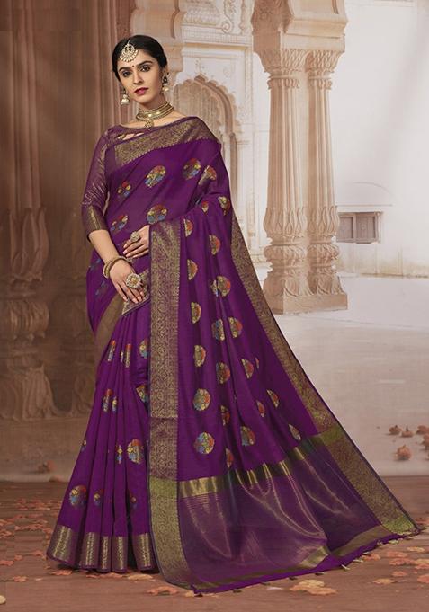 Wine Zari Woven Design Chanderi Cotton Saree Set