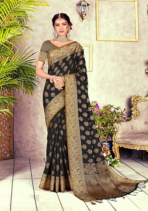 Black Zari Woven Cotton Blend Saree Set