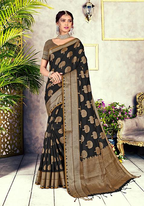 Black Zari Woven Design Cotton Blend Saree Set