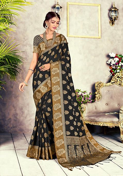 Black Zari Woven Design Cotton Blend Saree Set