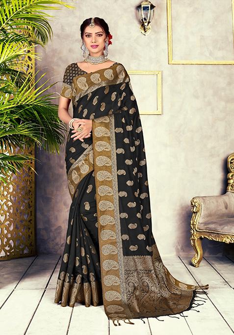 Black Zari Woven Work Cotton Blend Saree Set