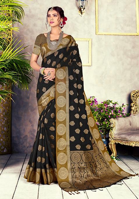 Black Zari Woven Design Cotton Blend Saree Set