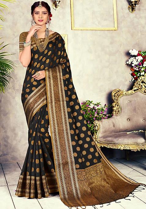 Black Zari Woven Design Cotton Blend Saree Set