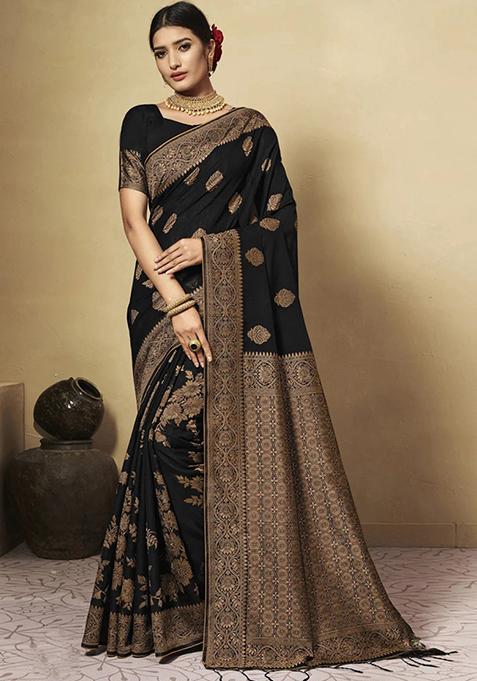 Black Zari Woven Work Cotton Blend Saree Set