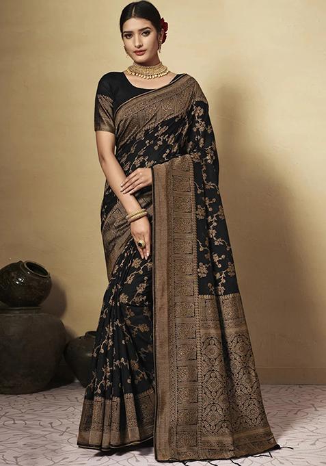 Black Zari Woven Design Cotton Blend Saree Set