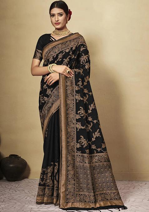 Black Zari Woven Work Cotton Blend Saree Set