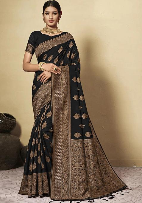 Black Zari Woven Design Cotton Blend Saree Set