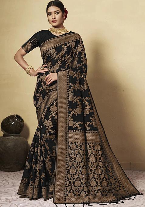 Black Zari Woven Cotton Blend Saree Set