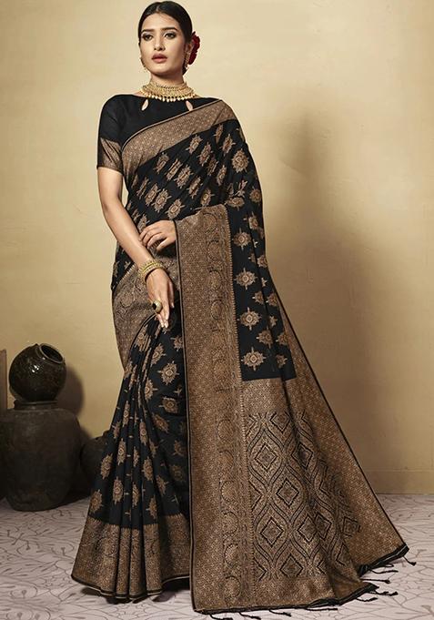 Black Zari Woven Cotton Blend Saree Set