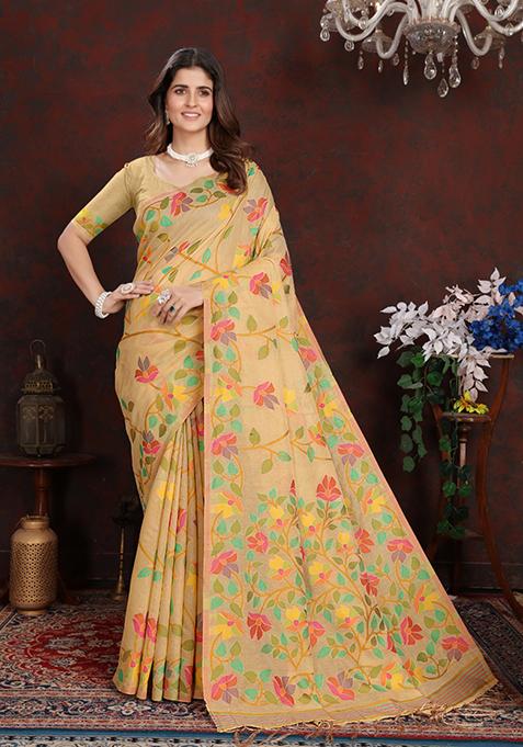 Beige Floral Woven Design Cotton Saree Set