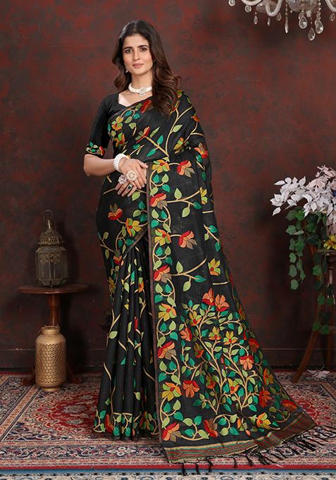 Black Floral Woven Design Cotton Saree Set