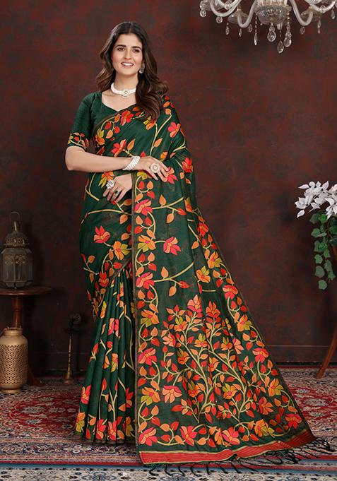 Dark Green Floral Woven Design Cotton Saree Set