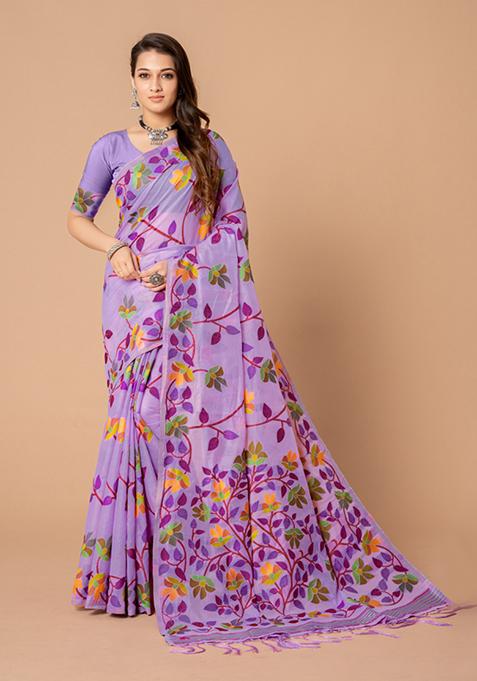 Lavender Floral Woven Design Cotton Saree Set