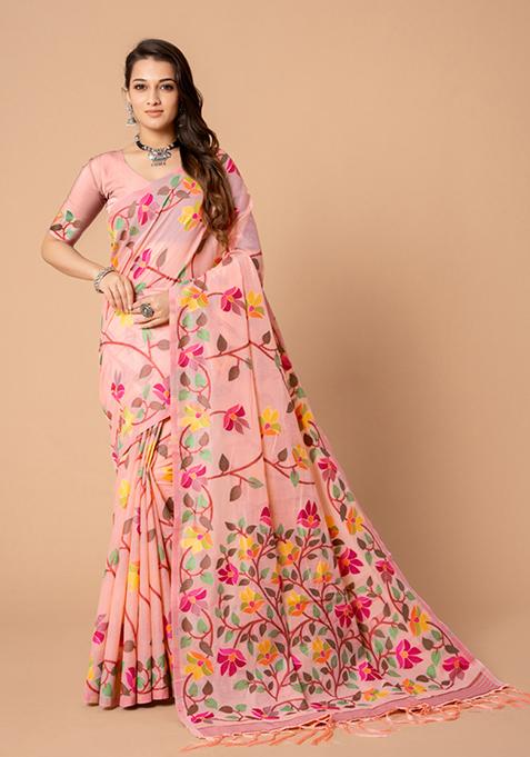 Pink Floral Woven Design Cotton Saree Set