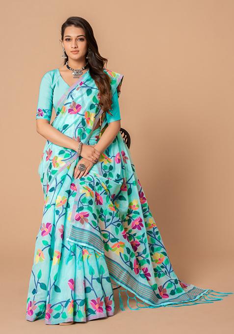 Blue Floral Woven Design Cotton Saree Set