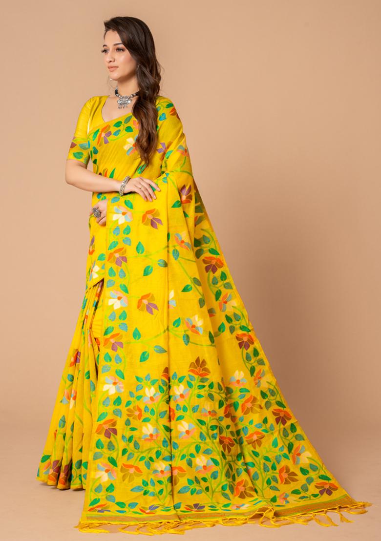 Yellow Floral Woven Design Cotton Saree Set
