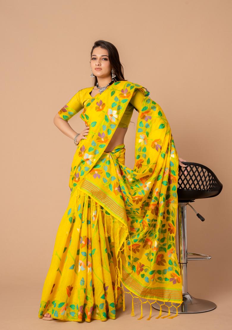 Yellow Floral Woven Design Cotton Saree Set