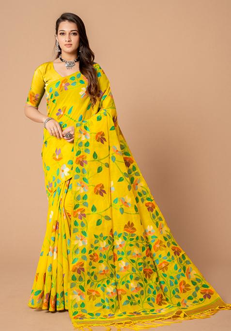 Yellow Floral Woven Design Cotton Saree Set