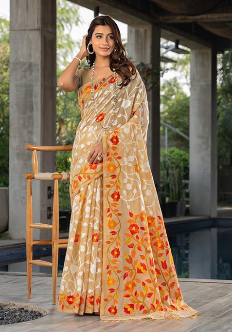 Beige Floral Woven Design Cotton Saree Set